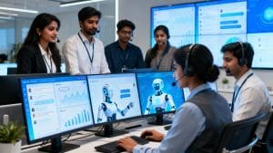 A team of professionals in an office monitors and discusses data on screens showing charts and robotic assistants in a customer service setting.