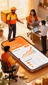 Four office workers discuss around a large smartphone displaying financial data and a loan app, while one person wears a delivery uniform and backpack labeled "Gript.