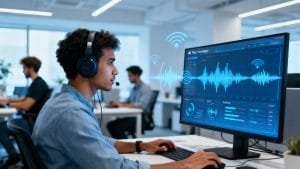 A man wearing headphones sits at a desk in an office, analyzing audio waveforms and data visualizations on a large computer monitor.