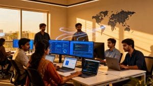 Indian SaaS founders and engineers collaborating in a modern Bengaluru tech office, working on dashboards and product interfaces for global markets