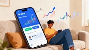 A person sits on a couch using a tablet, with a large phone displaying the Groww investment app and stock charts in the background.