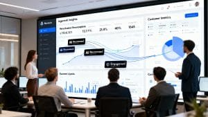 A group of professionals in a meeting room view a large digital screen displaying data analytics, charts, and AI recommendations related to customer metrics and engagement.