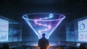 A person stands at a control panel facing a large digital funnel display, with data charts and graphs visible on surrounding screens.
