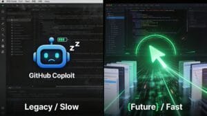 A split image comparing GitHub Copilot labeled as "Legacy / Slow" with a sleeping robot, and a futuristic interface labeled "{Future} / Fast" with a green cursor and digital effects.