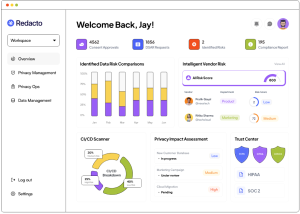 Dashboard interface displaying data management metrics, including risk scores, project statuses, approval numbers, and compliance reports in various charts and widgets.