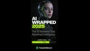 A futuristic human-robot hybrid with glowing green accents is shown beside the text “AI Wrapped 2025: The 10 Moments That Redefined Intelligence” and a fully loaded progress bar.