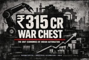 Industrial-themed graphic with a robotic arm, gears, and buildings, displaying text: "₹315 CR War Chest: The Unit Economics of Indian Automation." Includes upward graph and company details.