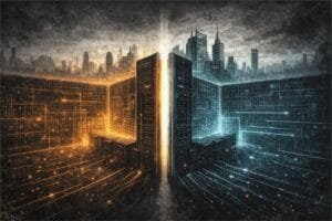 A digital artwork shows two mirrored server rooms, one glowing orange and the other blue, set against a city skyline with circuit-like patterns extending from each side.