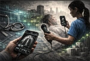 A healthcare worker uses a portable ultrasound device connected to a smartphone to scan a patient’s chest, with futuristic cityscape and medical imagery in the background.