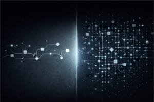 A digital illustration shows a transition from a simple network on the left to a complex, interconnected circuit pattern on the right, symbolizing increasing complexity.