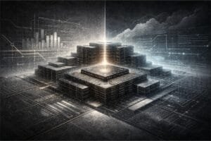 A futuristic digital illustration of a glowing computer microchip at the center of stacked server units with data charts and circuit patterns in the background.