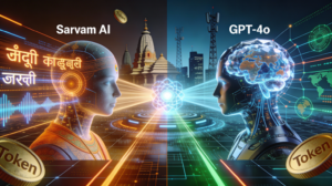 Two AI figures face each other, one labeled "Sarvam AI" with Indian motifs and Hindi script, the other "GPT-4o" with a digital brain; tokens and tech elements surround them.