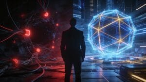 A person in a suit stands between a dark, tangled network with red lights and a bright, geometric blue hologram in a futuristic, high-tech setting.