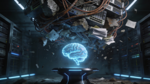 A glowing digital brain floats above a platform in a server room, with debris, cables, and papers suspended in midair around it.
