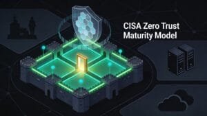A digital illustration shows a shield and glowing open door on a fortified platform, with the text: “CISA Zero Trust Maturity Model.”.