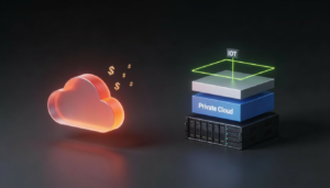A glowing cloud icon with dollar signs floats left of a 3D stack labeled IoT and Private Cloud on dark background, symbolizing cloud and private data storage options.