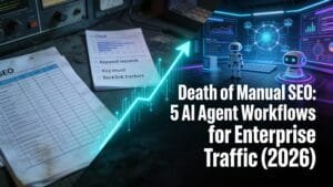 A paper labeled "SEO" sits on a desk with analytics tools, while robotic AI agents work on screens; text reads "Death of Manual SEO: 5 Agentic SEO Workflows for Enterprise Traffic (2026).