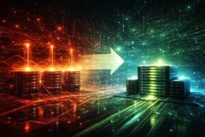 Three data server stacks emit orange light toward a large green server stack, with a white arrow indicating data transfer between them in a digital, futuristic setting.
