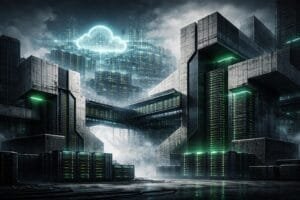 Futuristic data center with towering concrete structures, glowing green lights, server racks, and a digital cloud icon hovering above the buildings in a misty atmosphere.