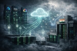 Illustration of cloud data transfer between global cloud providers and a sovereign data center in India, with digital security icons and a map of India in the background.