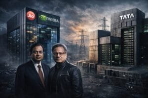 Two men stand in front of office buildings with Jio, Nvidia, and Tata logos, against a moody, industrial cityscape with power lines and cloudy skies in the background.