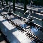 Three robotic arms are positioned along an automated assembly line in a brightly lit industrial factory setting.