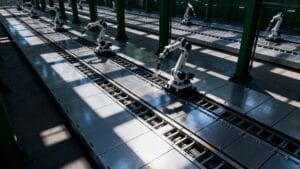 Three robotic arms are positioned along an automated assembly line in a brightly lit industrial factory setting.