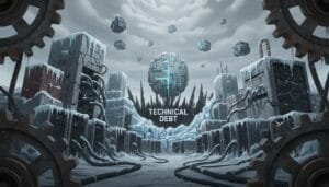 A snowy, industrial landscape with floating cubes, large gears, and cables. The words "TECHNICAL DEBT" appear beneath a cracked, glowing sphere at the center.