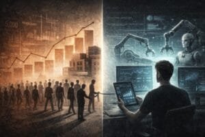 Split image showing a line of people entering a city with rising headcount stats on the left, and a man working with robots and data analytics in a tech-focused setting on the right.
