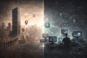 A split image shows people walking toward a tall building on the left and a person at computers with a digital network map of Indian cities, including Bhopal and Coimbatore, on the right.