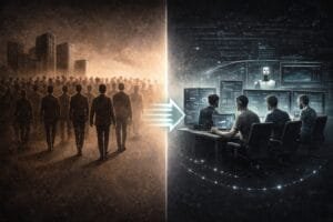 A divided image shows a crowd of people in a city on the left, and a group of people working with computers and artificial intelligence on the right, connected by arrows.
