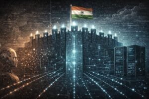 A digital illustration of a robot facing a fortress with servers and circuitry, an Indian flag atop the structure, symbolizing technology and cybersecurity in India.