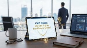 A tablet on a desk displays "CXO Guide: 90-Day Cyber Resilience Model" in an office, with a person standing by the window and business materials nearby.
