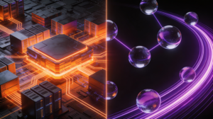 A split image showing a glowing computer chip on a circuit board on the left, and floating glass spheres connected by glowing lines on the right, representing technology and quantum computing.