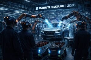 Automated robots assemble a Maruti Suzuki car in a high-tech factory, with workers observing the process. A sign reads "MARUTI SUZUKI 2026" above the production line.