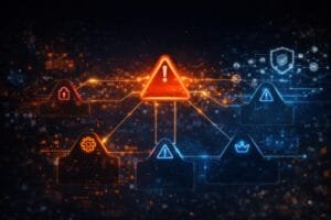A digital warning triangle connects to various icons, including a lock, gear, shield, and crown, symbolizing cybersecurity risk and alerts on a dark, tech-themed background.