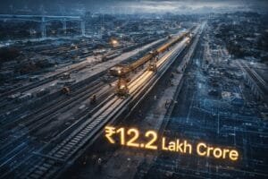 A railway construction site at dusk with digital effects, showing the text "₹12.2 Lakh Crore" in large illuminated letters.