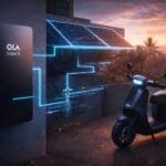 An electric scooter charges at a station connected to solar panels and a battery unit labeled "Ola Shakti," showing renewable energy use at sunset.