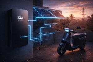 An electric scooter charges at a station connected to solar panels and a battery unit labeled "Ola Shakti," showing renewable energy use at sunset.