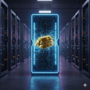 A stack of gold bars is digitally displayed in the center of a server room, symbolizing data as valuable as gold.