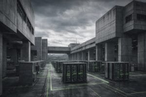 An outdoor data center with multiple server racks arranged on a concrete rooftop under an overcast sky, surrounded by large industrial buildings.