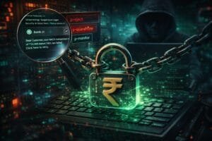 A digital padlock with an Indian Rupee symbol is chained to a keyboard, symbolizing online banking security. A warning message and a hooded figure appear in the background, suggesting a cyber threat.