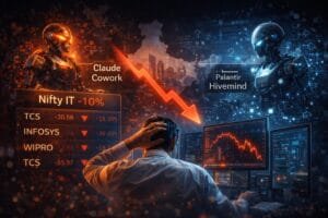 A person observes falling stock charts on multiple monitors, flanked by two robots labeled "Claude Cowork" and "Palantir Hivemind," with a downward Nifty IT trend and declining stock values shown.