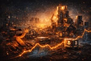 A futuristic cityscape with glowing orange lights features a large rupee symbol, robotic arms, and RISCV logos, with a dynamic graph line in the foreground.