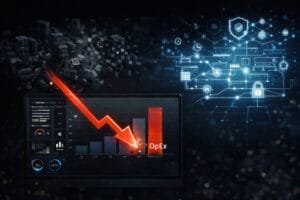 A digital dashboard shows a sharp red downward arrow over a bar graph labeled "OpEx," symbolizing decreasing operational expenses amid cybersecurity and technology icons.