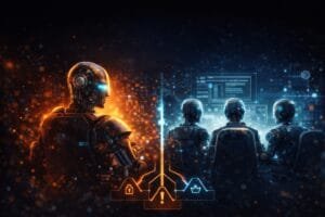 A robotic figure faces three seated robots working at computer stations, separated by a glowing divide with security icons, symbolizing a cybersecurity confrontation.