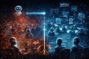A split scene of robots working with AI; left side shows manual alert handling, right side shows automated AI managing CRM, email, and ERP systems by 2026.