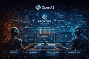 Two robots sit at desks with multiple monitors displaying data and workflow charts under the OpenAI logo, highlighting enterprise OS features like supply chain, compliance, identity, and memory.