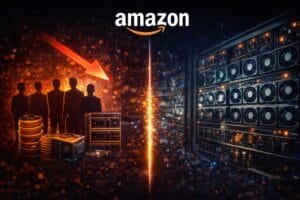 A digital illustration with the Amazon logo, a red downward arrow over silhouettes and coins on the left, and computer servers with cooling fans on the right, separated by a glowing line.