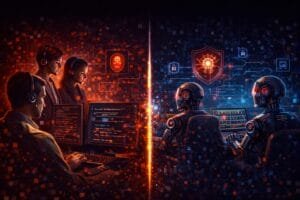 Two teams, one of humans and one of robots, face each other at computers with code, symbolizing a cybersecurity battle between human experts and AI-driven machines.
